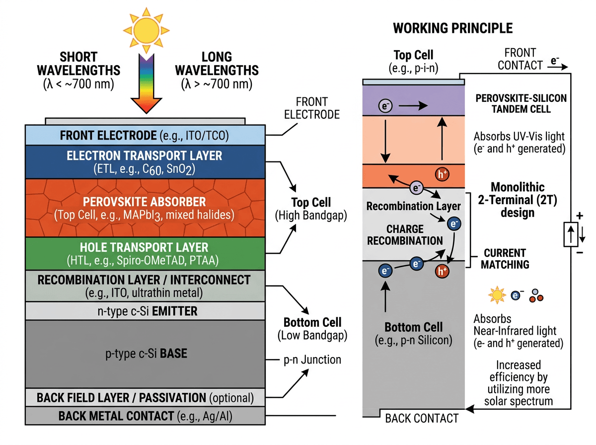 Perovskite-silicon Tandem Solar Cell Layered Stack, Cross-Sections & Layers scientific figure in Clean Vector style