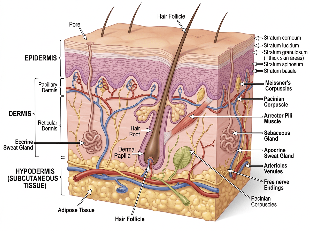 Human Skin Cross-section With Epidermis, Dermis, And Appendages, Cross-Sections & Layers scientific figure in 3D Cutaway style