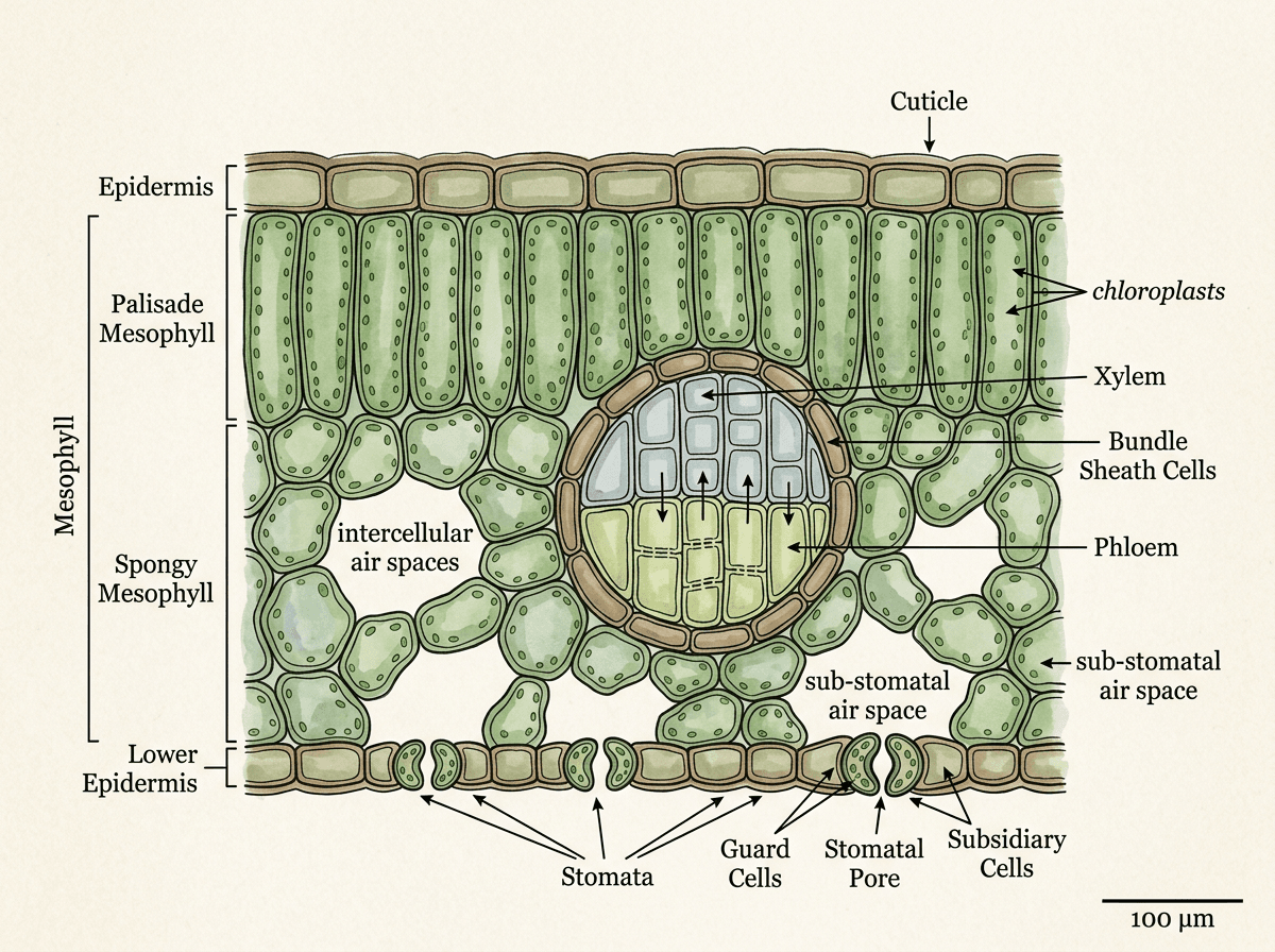 Leaf Anatomy Cross-section With Vascular Bundles And Stomata, wissenschaftliche Abbildung (Querschnitte und Schichten) im Stil Watercolor Texture & Ink Line Atlas