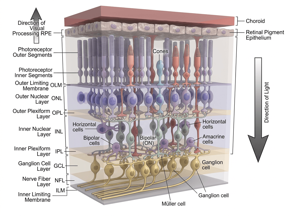 Retina Layered Organization From Photoreceptors To Ganglion Cells, Cross-Sections & Layers scientific figure in 3D Cutaway style