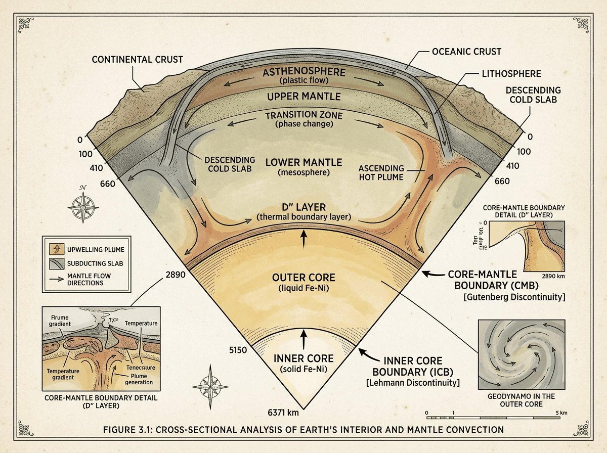 Earth Interior With Mantle Convection And Core Boundaries, Cross-Sections & Layers scientific figure in Botanical Field Guide style