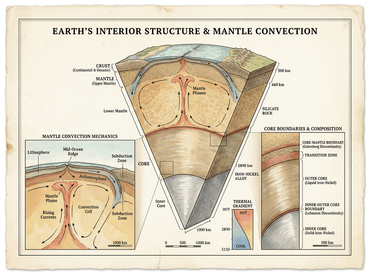 Earth Interior With Mantle Convection And Core Boundaries, Cross-Sections & Layers scientific figure in Botanical Field Guide style