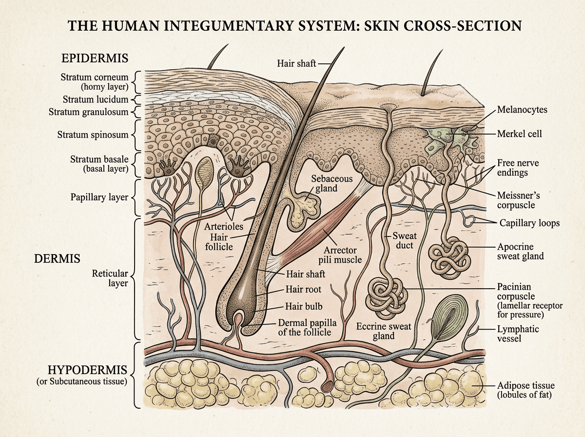 Human Skin Cross-section With Epidermis, Dermis, And Appendages, Cross-Sections & Layers scientific figure in Botanical Field Guide style