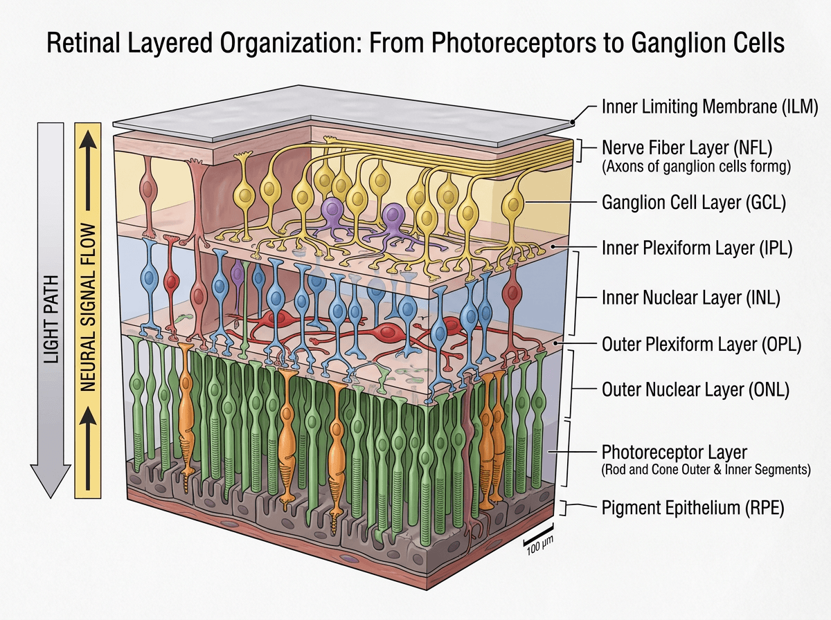 Retina Layered Organization From Photoreceptors To Ganglion Cells, Cross-Sections & Layers scientific figure in 3D Cutaway style