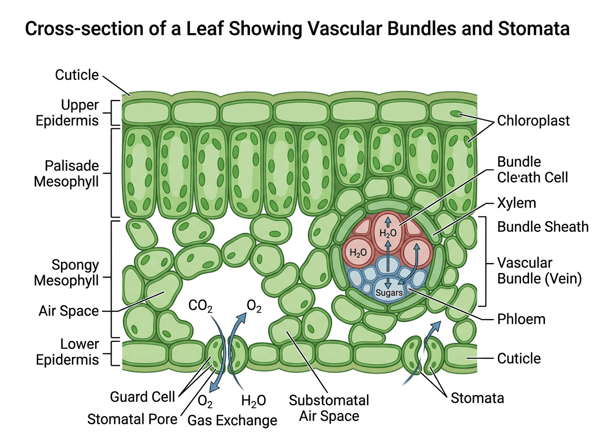 Leaf Anatomy Cross-section With Vascular Bundles And Stomata, Cross-Sections & Layers scientific figure in Clean Vector style