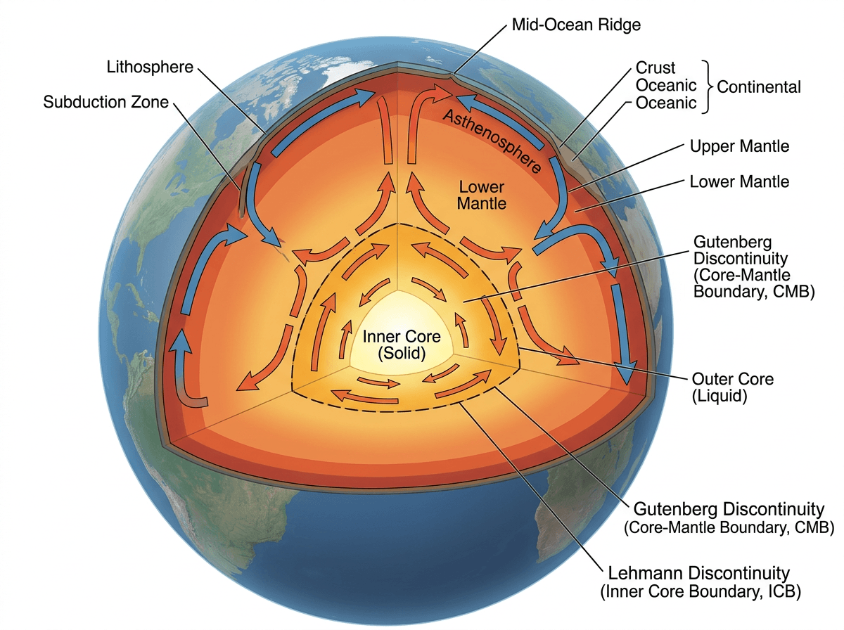 Earth Interior With Mantle Convection And Core Boundaries, Cross-Sections & Layers scientific figure in 3D Cutaway style