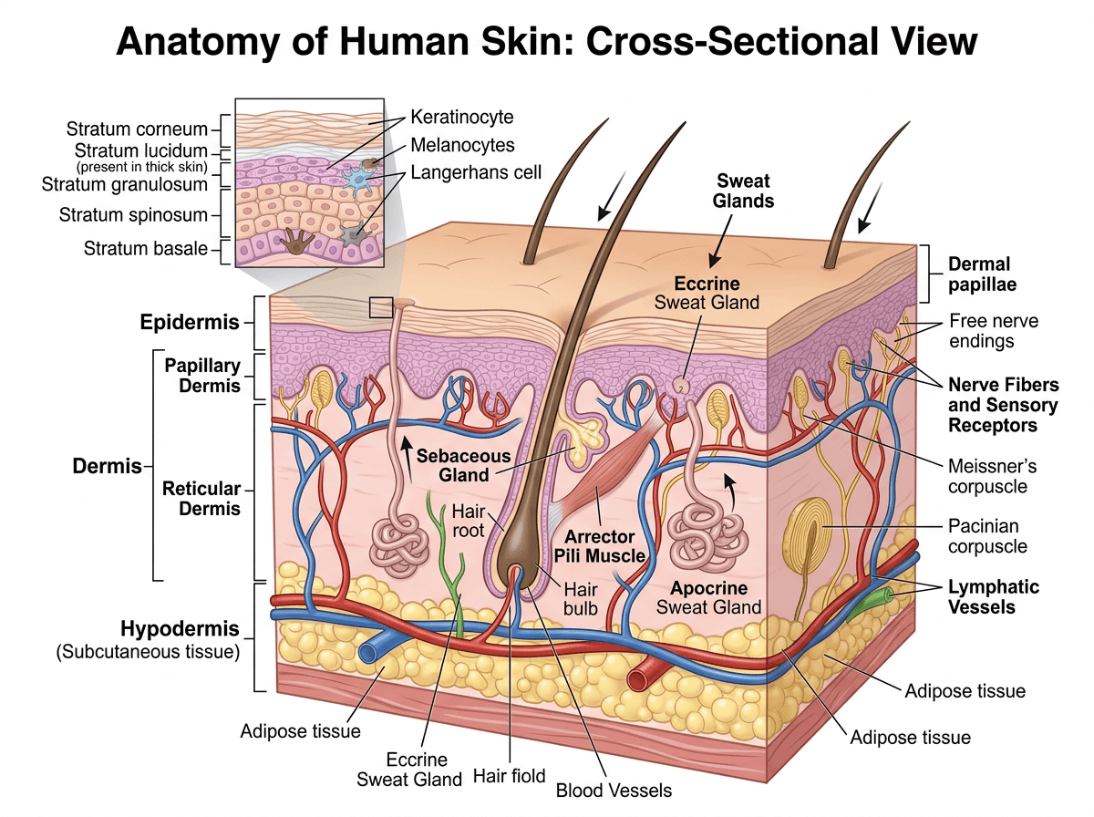 Human Skin Cross-section With Epidermis, Dermis, And Appendages, Cross-Sections & Layers scientific figure in 3D Cutaway style