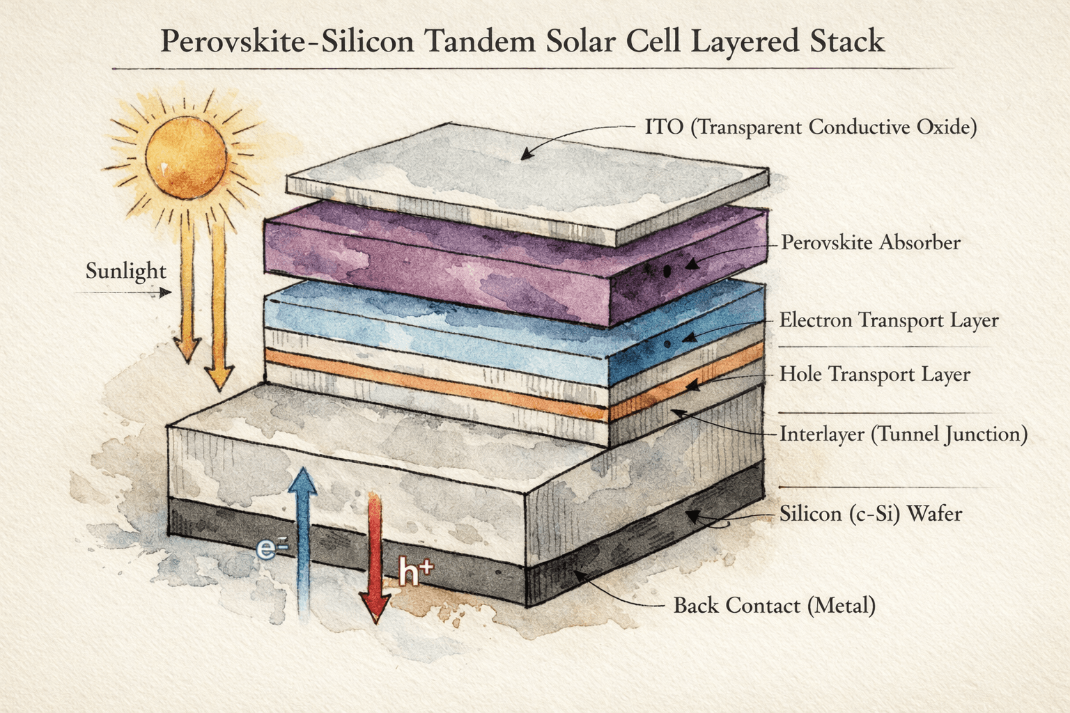 Perovskite-silicon Tandem Solar Cell Layered Stack, figura científica de Secciones transversales y capas en estilo Watercolor Texture & Ink Line Atlas