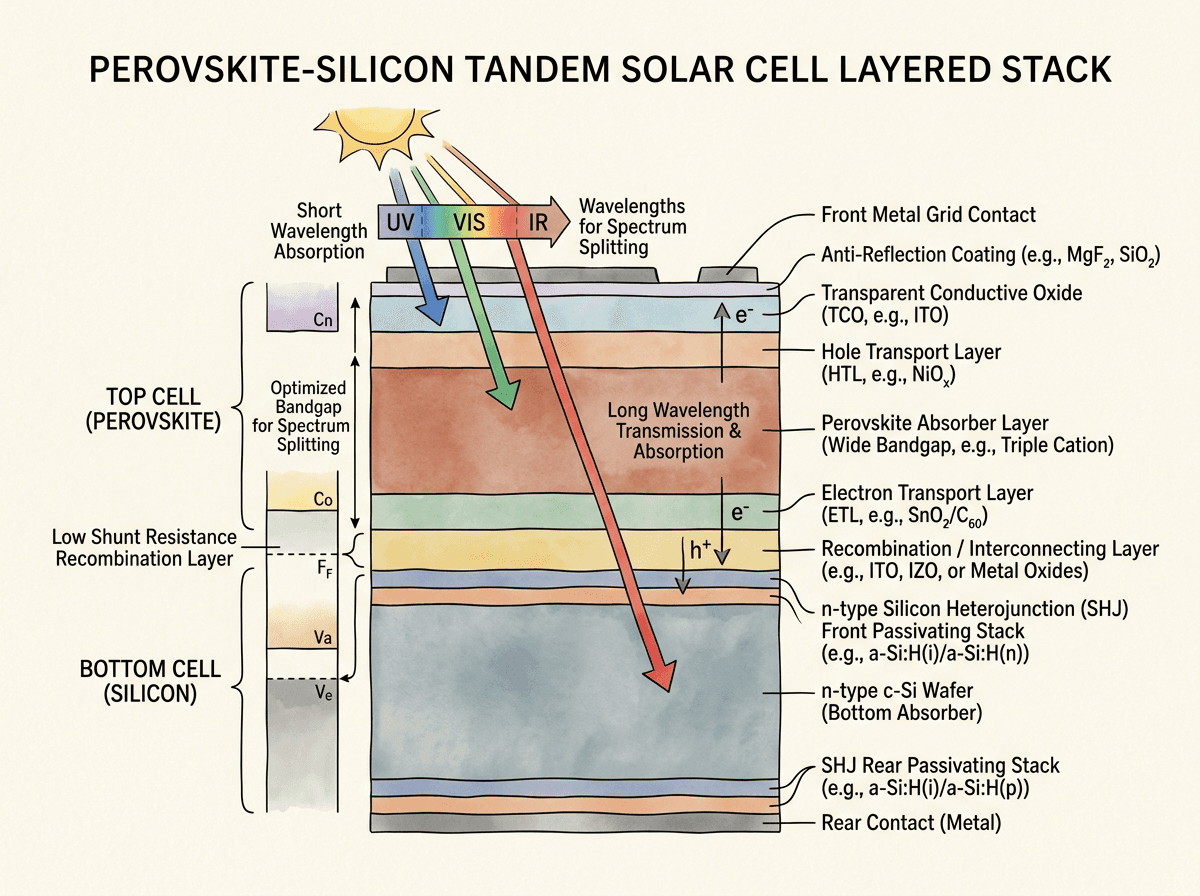 Perovskite-silicon Tandem Solar Cell Layered Stack, figura científica de Secciones transversales y capas en estilo Watercolor Texture & Ink Line Atlas