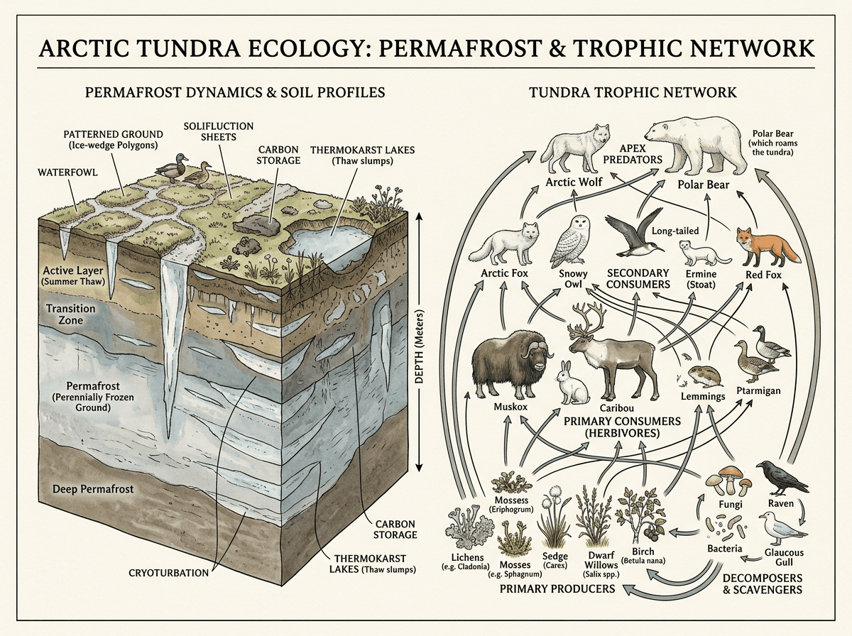 Arctic Tundra Ecology With Permafrost And Trophic Network, wissenschaftliche Abbildung (Umgebungen und Oekologien) im Stil Watercolor Texture & Ink Line Atlas