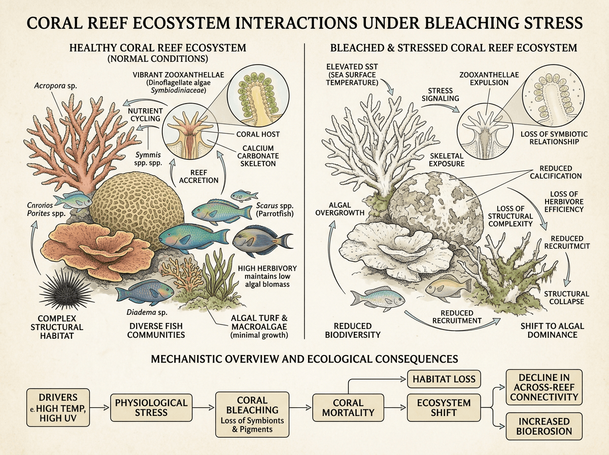 Coral Reef Ecosystem Interactions Under Bleaching Stress, Environments & Ecologies scientific figure in Botanical Field Guide style