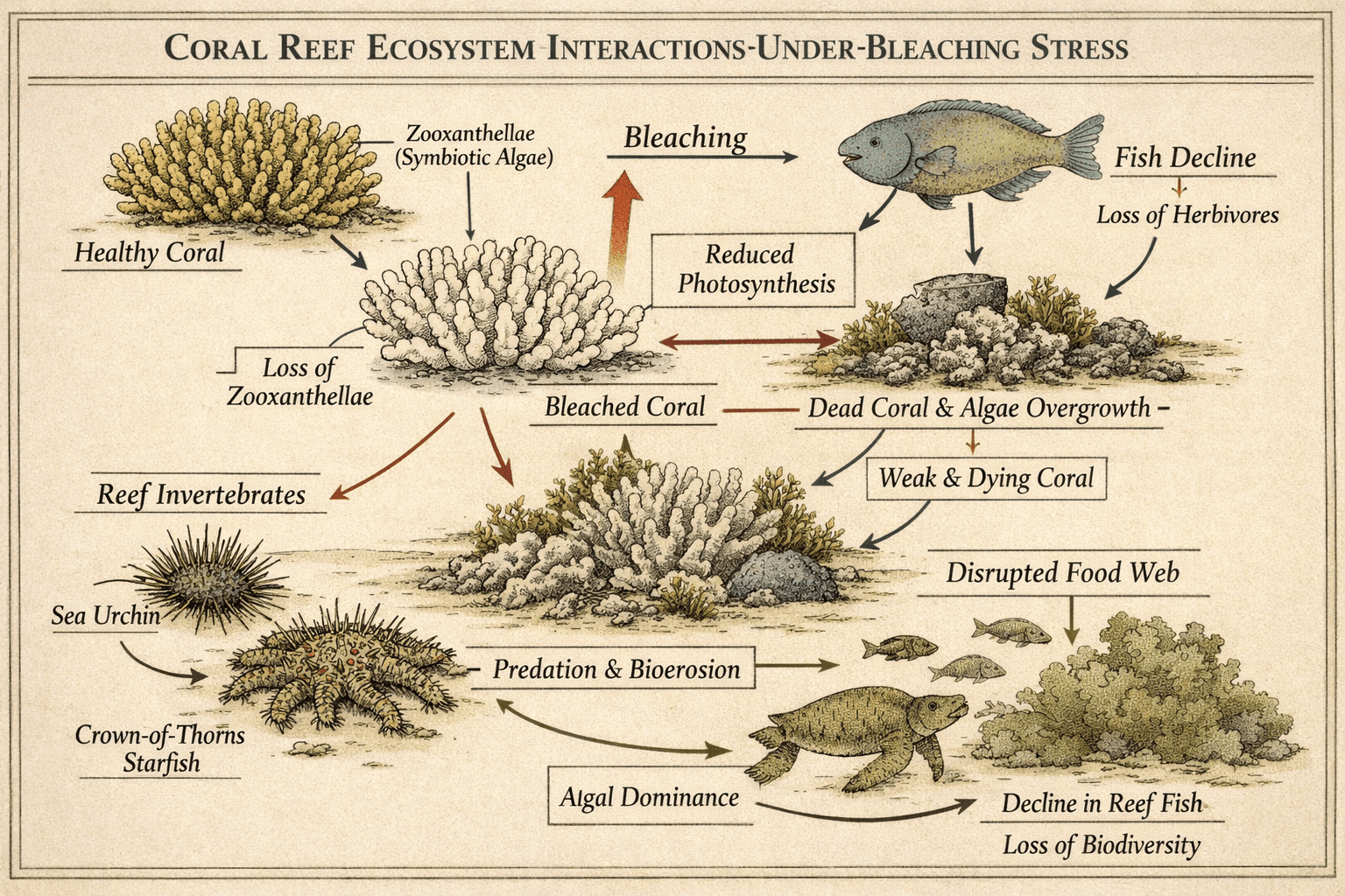Coral Reef Ecosystem Interactions Under Bleaching Stress, Environments & Ecologies scientific figure in Botanical Field Guide style