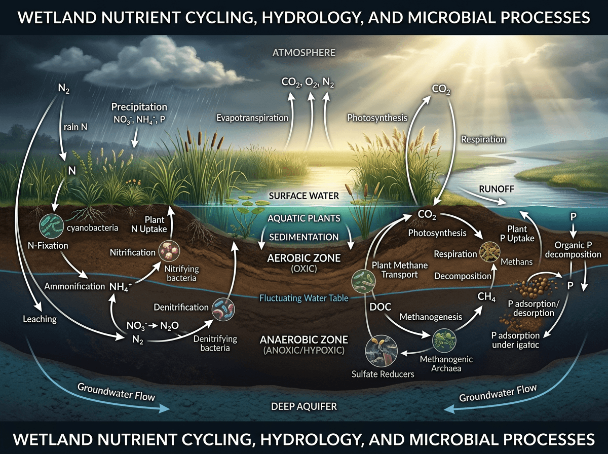 Wetland Nutrient Cycling With Hydrology And Microbial Processes, Environments & Ecologies scientific figure in Journal Cover Cinematic style