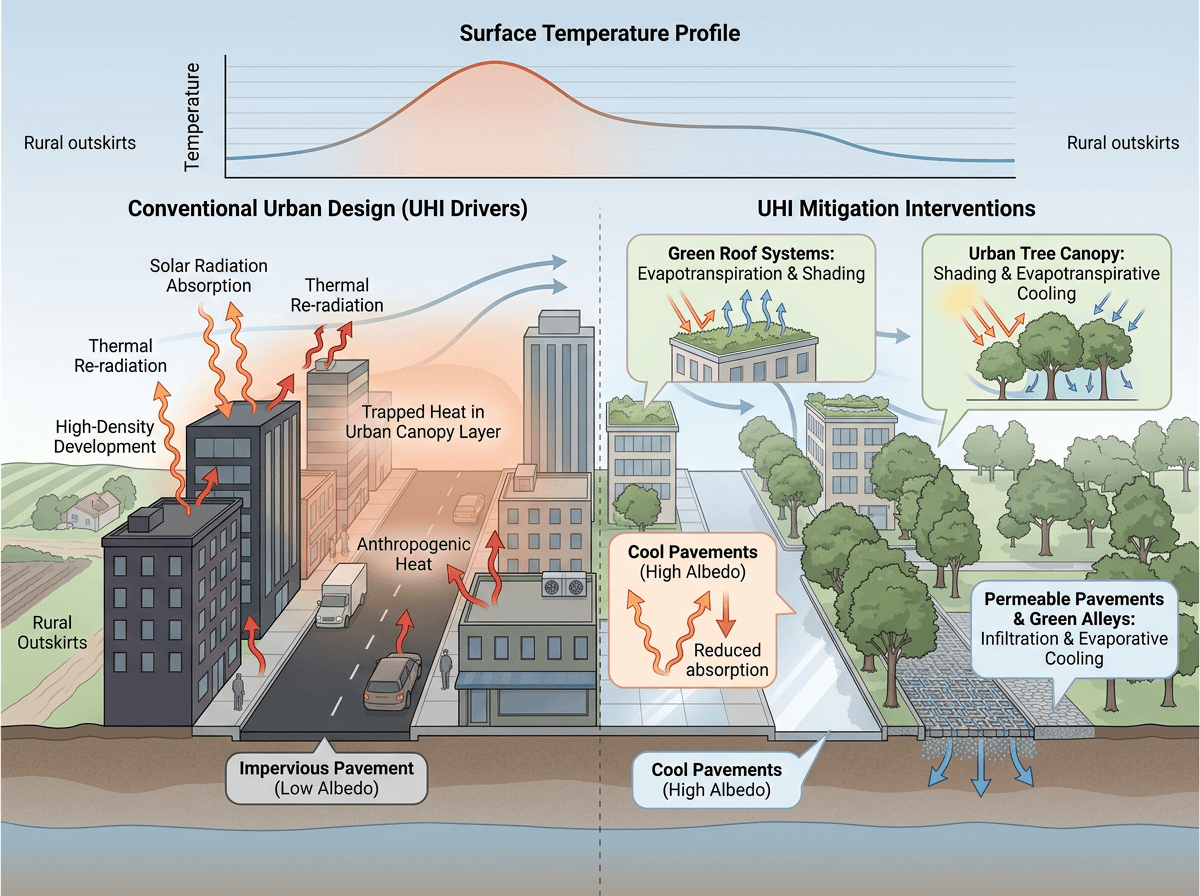 Urban Heat Island Cross-section With Mitigation Interventions, Environments & Ecologies scientific figure in Soft Biomedical style