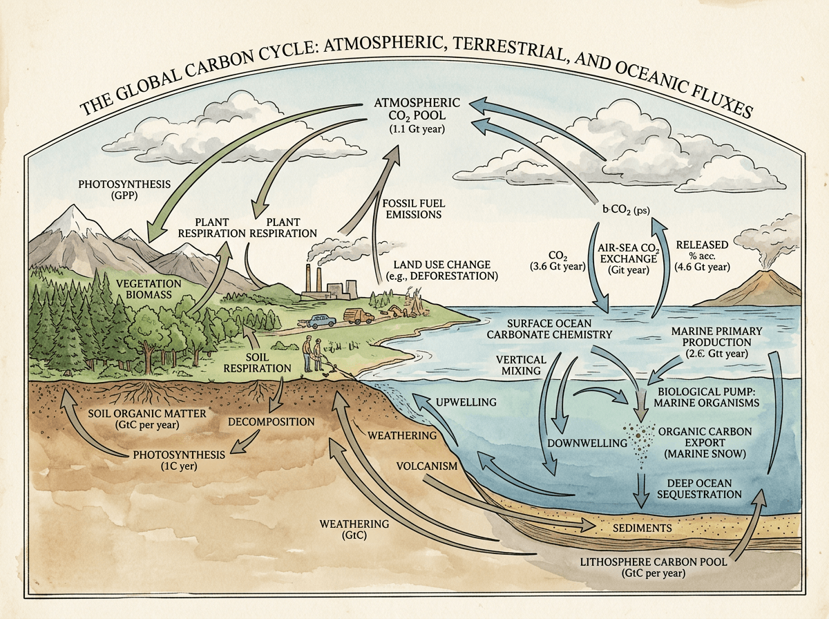 Global Carbon Cycle With Atmospheric, Oceanic, And Terrestrial Fluxes, Environments & Ecologies scientific figure in Watercolor Texture & Ink Line Atlas style
