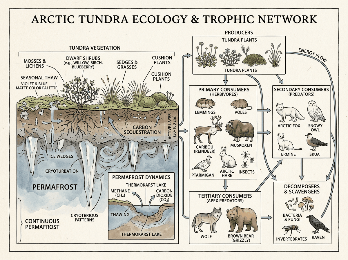 Arctic Tundra Ecology With Permafrost And Trophic Network, wissenschaftliche Abbildung (Umgebungen und Oekologien) im Stil Watercolor Texture & Ink Line Atlas
