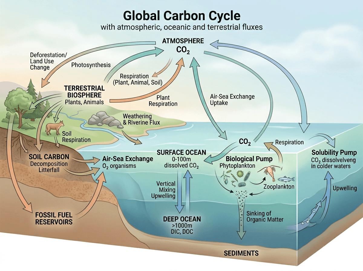 Global Carbon Cycle With Atmospheric, Oceanic, And Terrestrial Fluxes, Environments & Ecologies scientific figure in Soft Biomedical style
