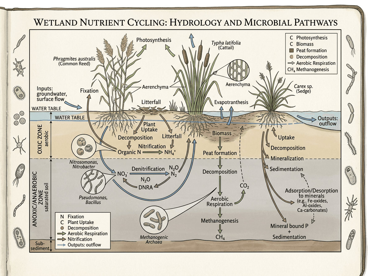 Wetland Nutrient Cycling With Hydrology And Microbial Processes, Environments & Ecologies scientific figure in Botanical Field Guide style