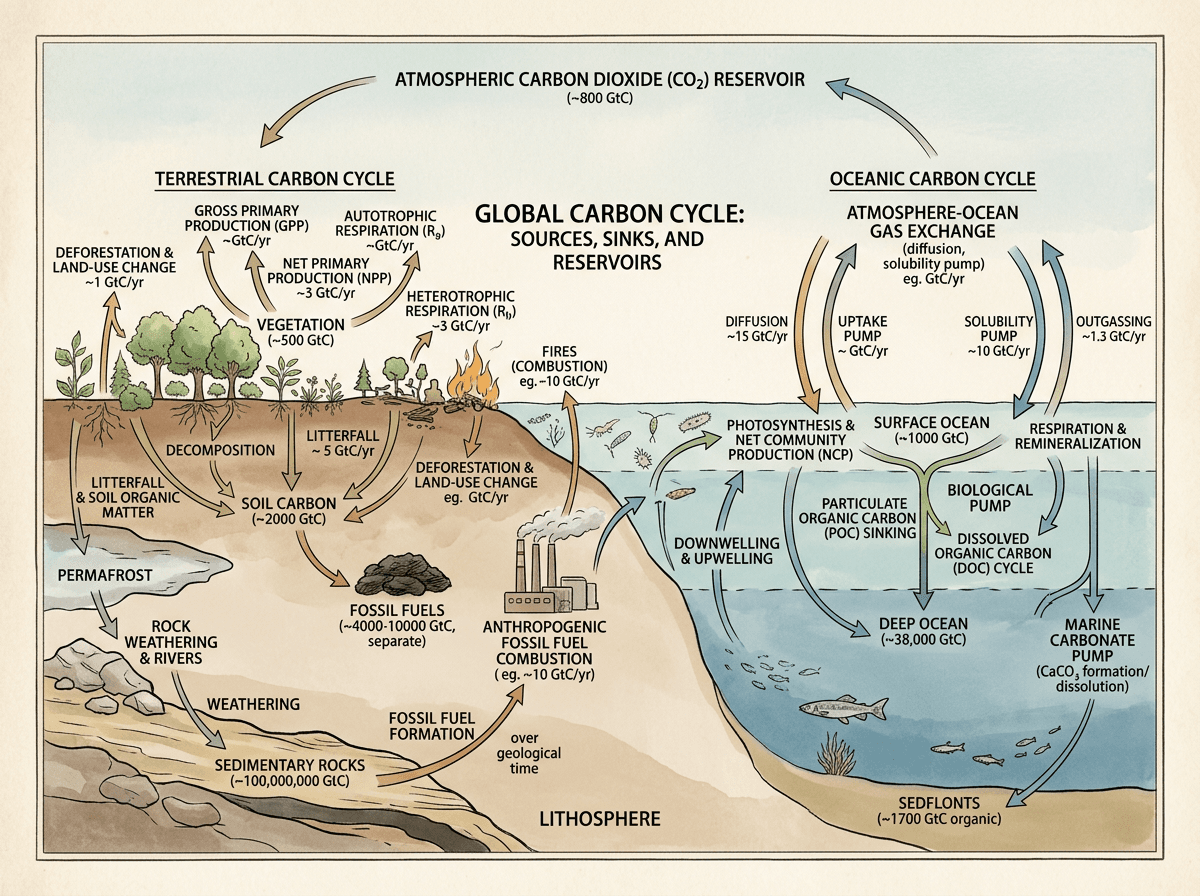 Global Carbon Cycle With Atmospheric, Oceanic, And Terrestrial Fluxes, Environments & Ecologies scientific figure in Watercolor Texture & Ink Line Atlas style