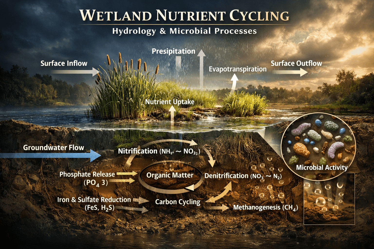 Wetland Nutrient Cycling With Hydrology And Microbial Processes, Environments & Ecologies scientific figure in Journal Cover Cinematic style