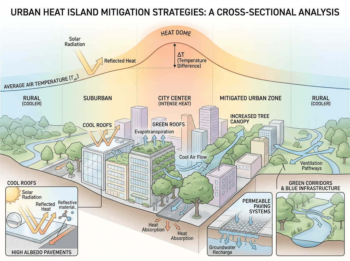 Urban Heat Island Cross-section With Mitigation Interventions, Environments & Ecologies scientific figure in Soft Biomedical style