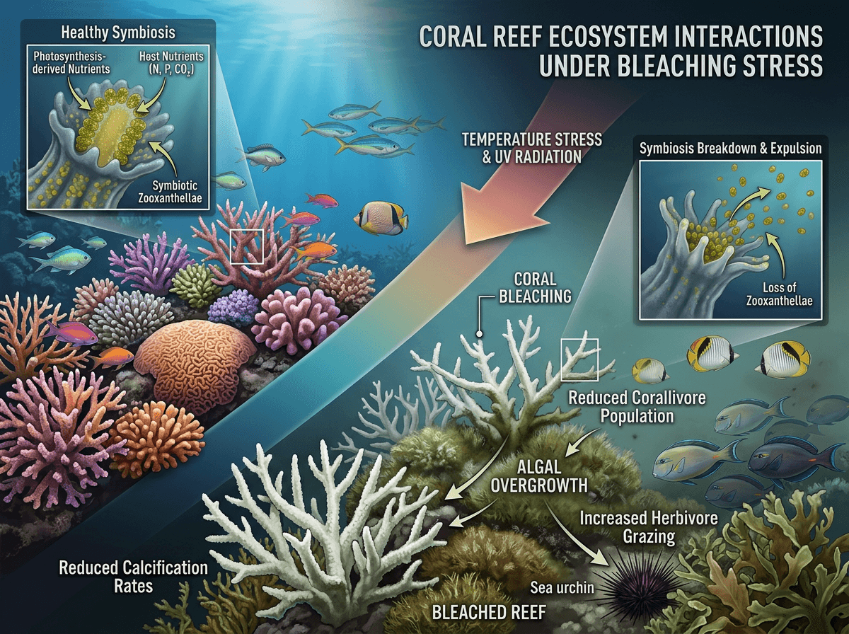 Coral Reef Ecosystem Interactions Under Bleaching Stress, Environments & Ecologies scientific figure in Journal Cover Cinematic style