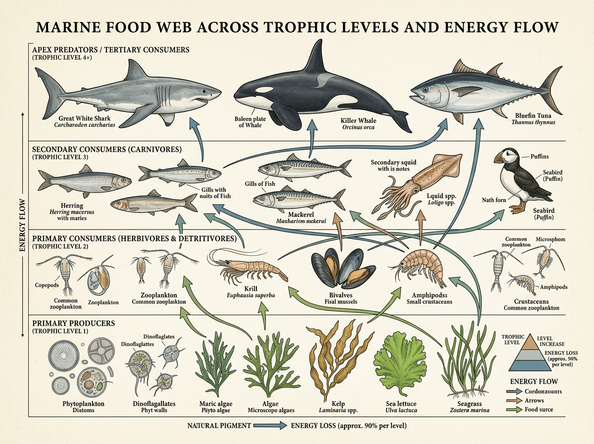Marine Food Web Across Trophic Levels And Energy Flow, figure scientifique (Environnements et écologies) en style Botanical Field Guide