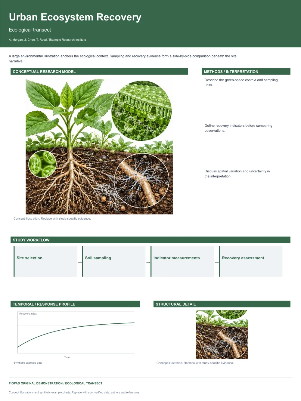 Editable scientific research poster template, Urban Ecosystem Recovery, Ecological transect, with method figures, experimental results and conclusions
