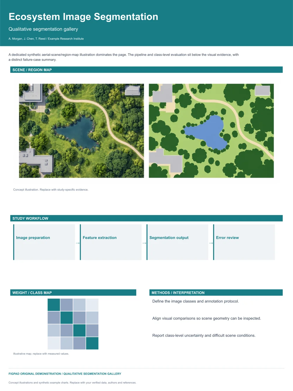 Editable scientific research poster template, Ecosystem Image Segmentation, Qualitative segmentation gallery, with method figures, experimental results and conclusions