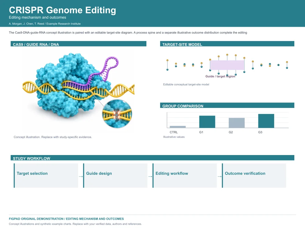 Editable scientific research poster template, CRISPR Genome Editing, Editing mechanism and outcomes — Landscape, with method figures, experimental results and conclusions