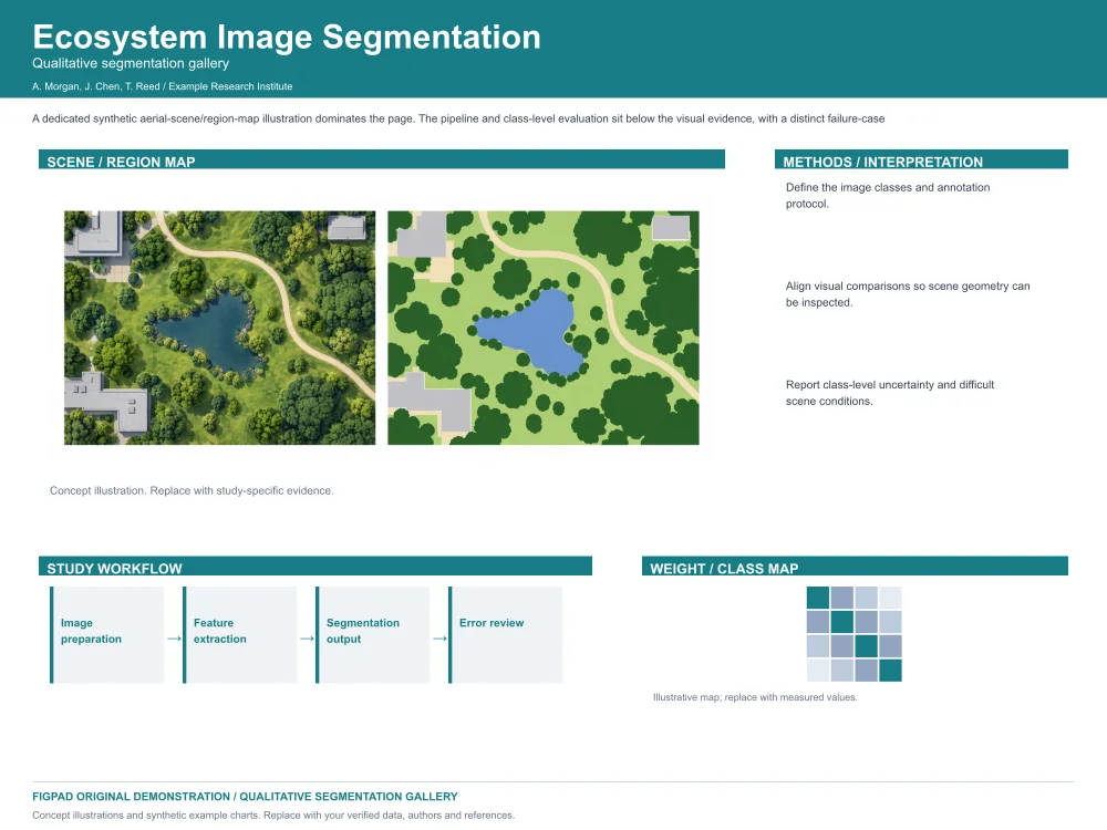 Ecosystem Image Segmentation Research Poster Template — Landscape (48 × 36), with method figures, results and conclusion sections