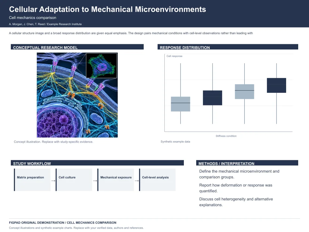 Editable scientific research poster template, Cellular Adaptation to Mechanical Microenvironments, Cell mechanics comparison — Landscape, with method figures, experimental results and conclusions