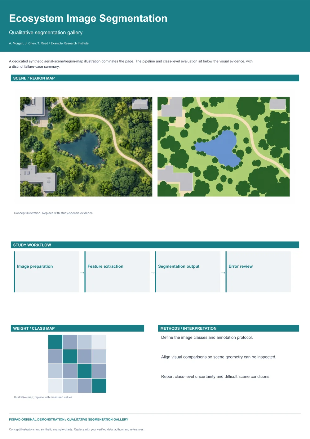 Editable scientific research poster template, Ecosystem Image Segmentation, Qualitative segmentation gallery, with method figures, experimental results and conclusions