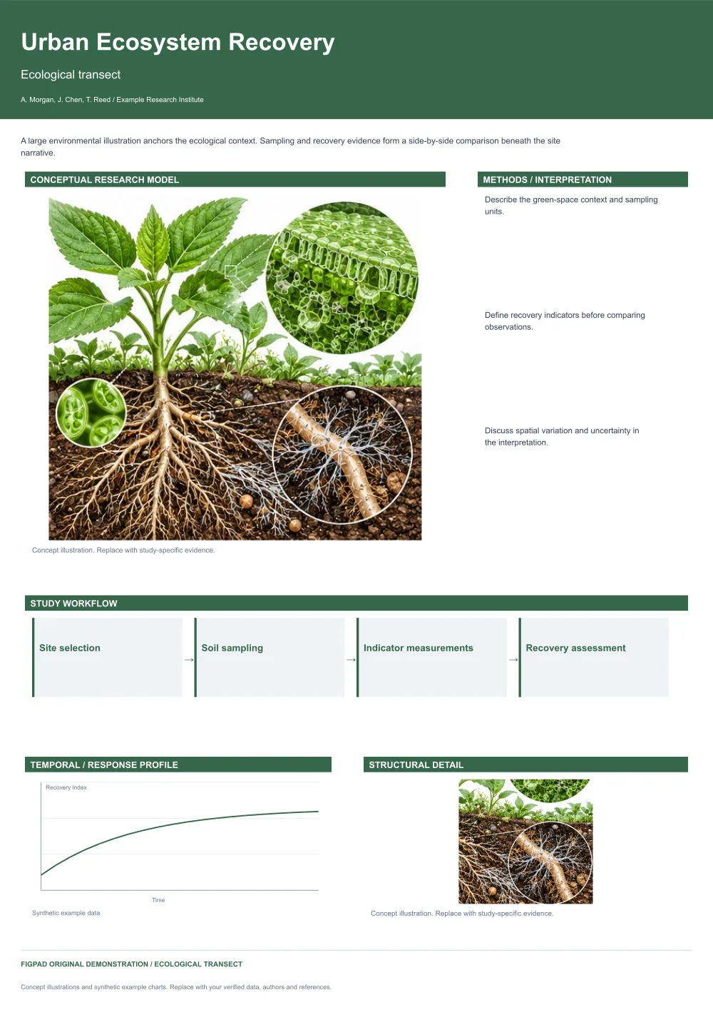 Editable scientific research poster template, Urban Ecosystem Recovery, Ecological transect, with method figures, experimental results and conclusions