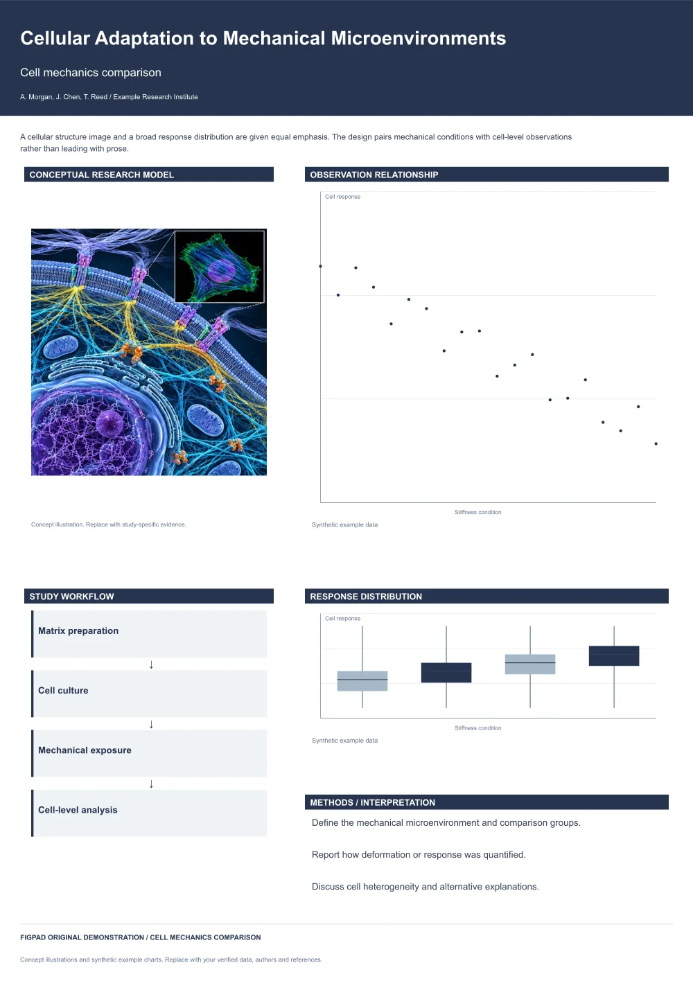 Editable scientific research poster template, Cellular Adaptation to Mechanical Microenvironments, Cell mechanics comparison, with method figures, experimental results and conclusions